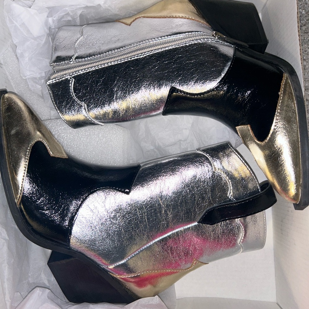 Metallic Silver, Gold and Black Ankle Booties